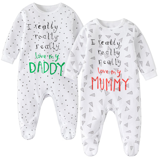 aomomo  baby 2-Pack Romper Set, Newborn Clothes Cotton Footed Pajamas (White B, 0-3 Months)