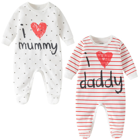AOMOMO, 2 tutine per neonati, unisex, chiuse ai piedi, con scritte in lingua inglese "I Love Mummy" e "I Love Daddy” 2pack 3 Month